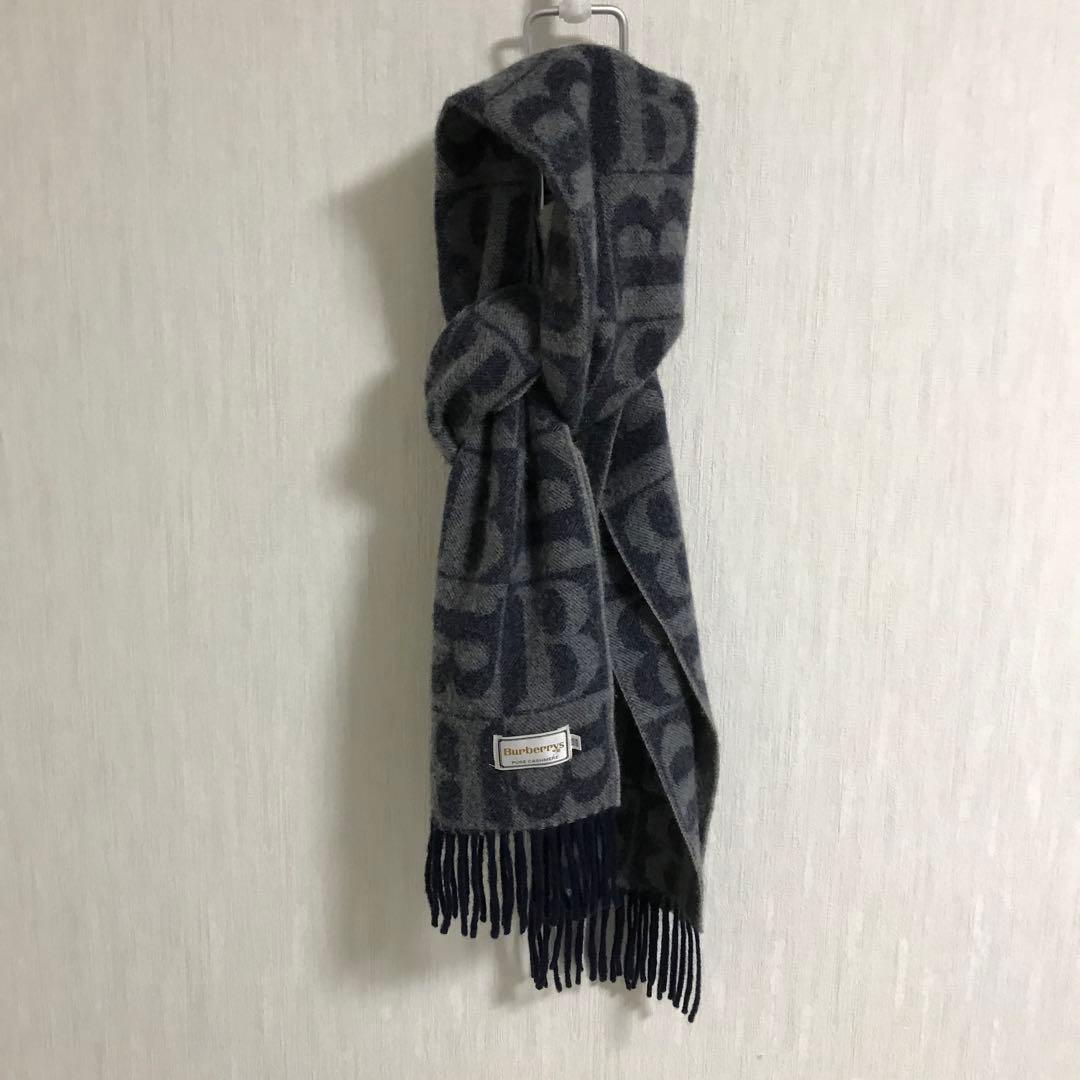 超希少 Burberrys Bロゴ カシミヤ100%マフラー ブルーグレー