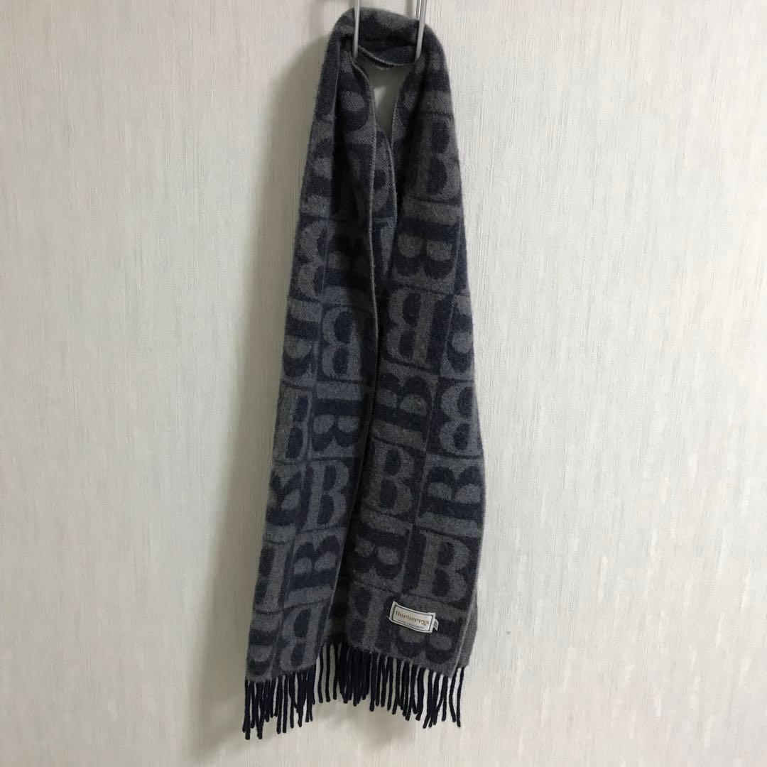 超希少 Burberrys Bロゴ カシミヤ100%マフラー ブルーグレー