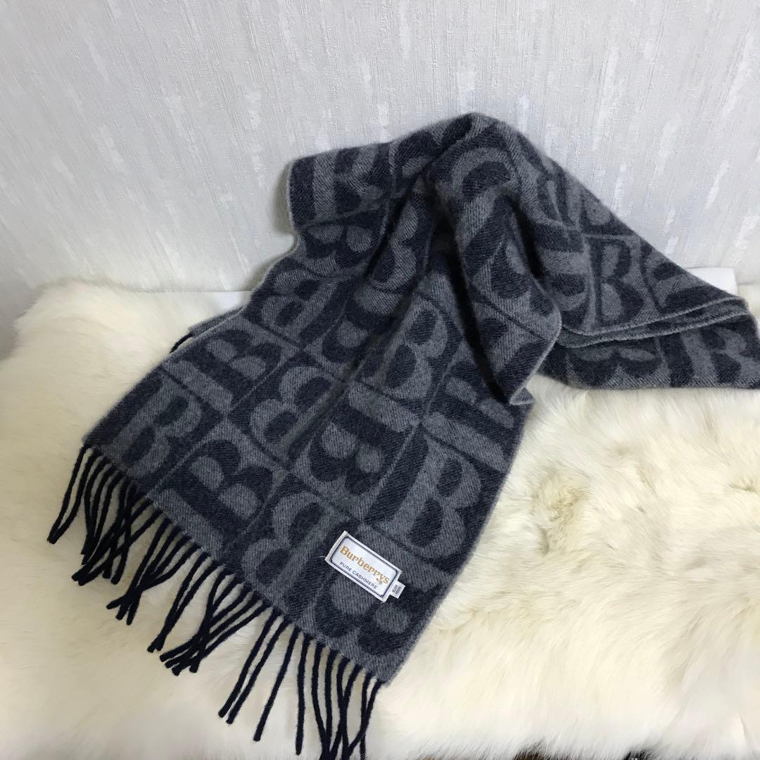 超希少 Burberrys Bロゴ カシミヤ100%マフラー ブルーグレー