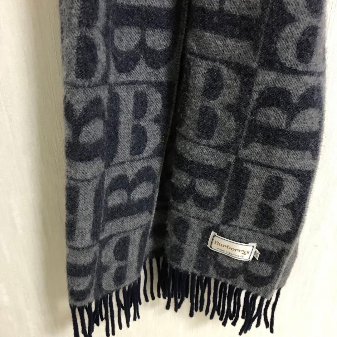 超希少 Burberrys Bロゴ カシミヤ100%マフラー ブルーグレー