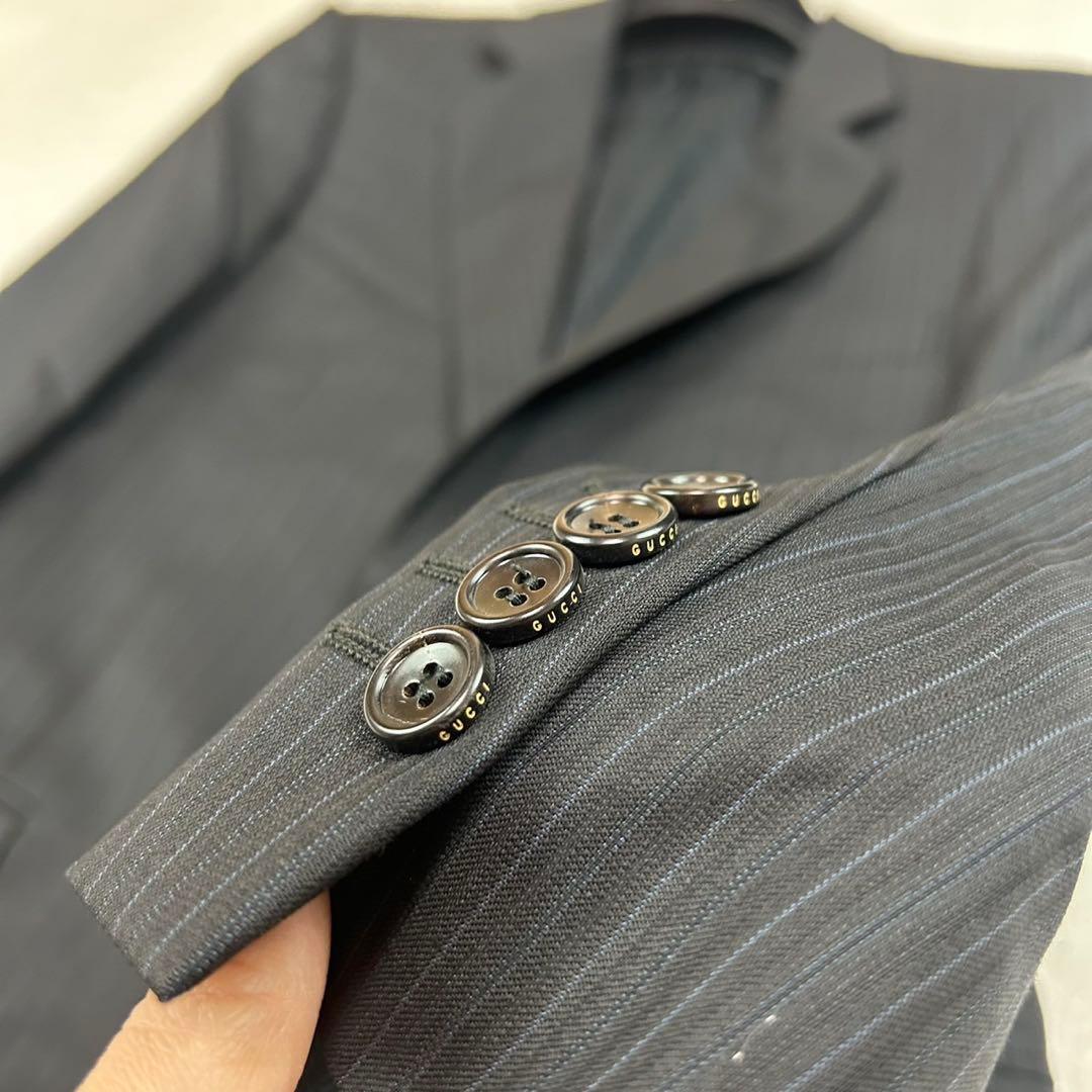 J605 美品 S グッチ イタリア製 シルク混 スーツ上下 ネイビー メンズ