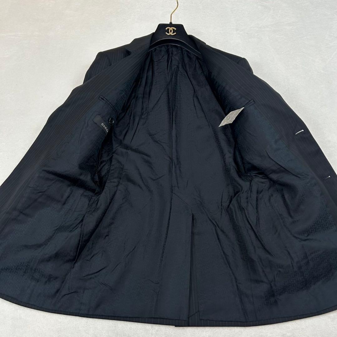J605 美品 S グッチ イタリア製 シルク混 スーツ上下 ネイビー メンズ