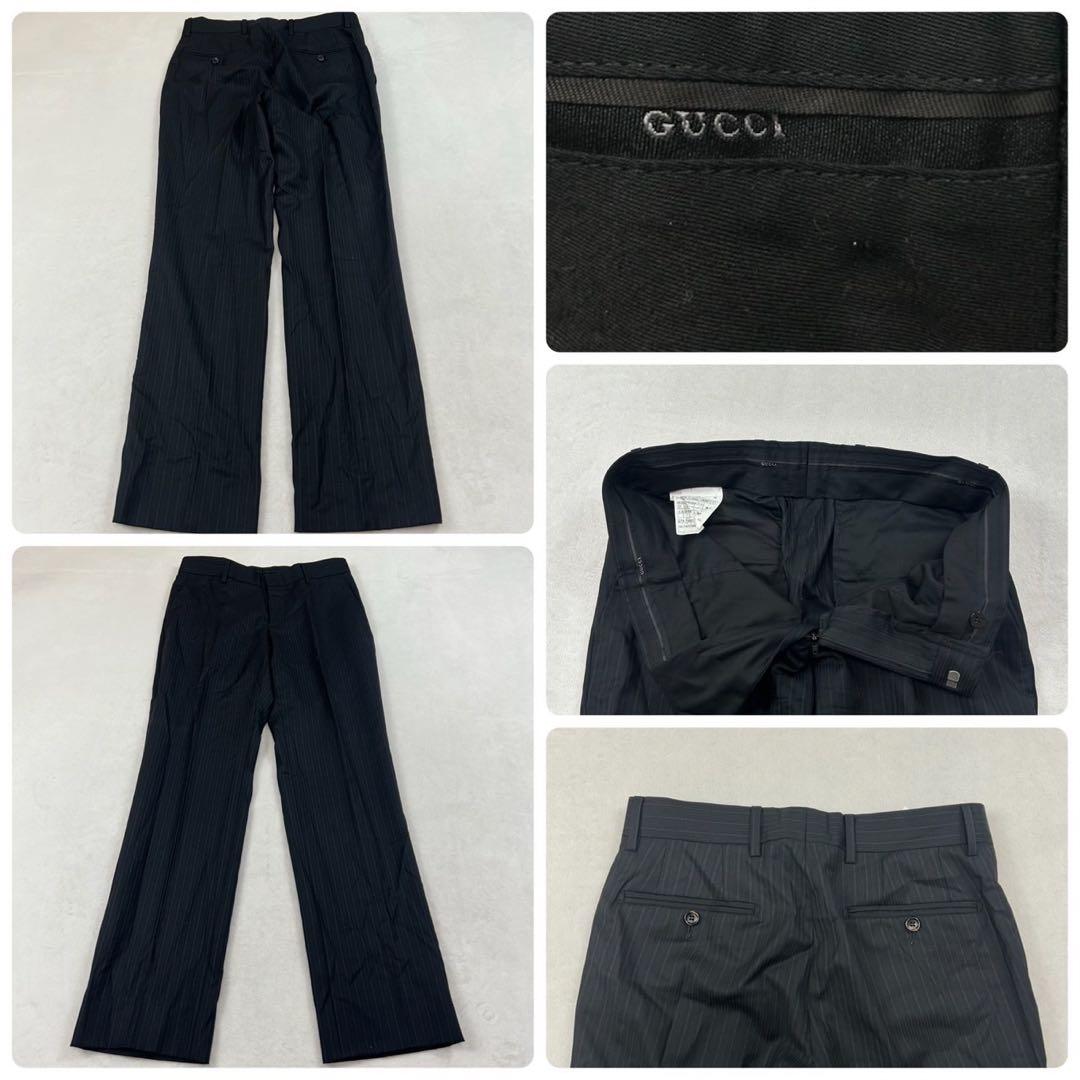 J605 美品 S グッチ イタリア製 シルク混 スーツ上下 ネイビー メンズ