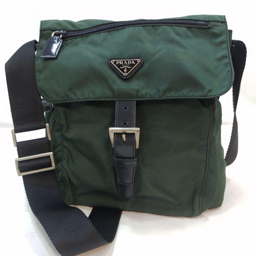 【美品】プラダ ショルダーバッグ レザー×ナイロン 三角ロゴ 緑 ギャラ付