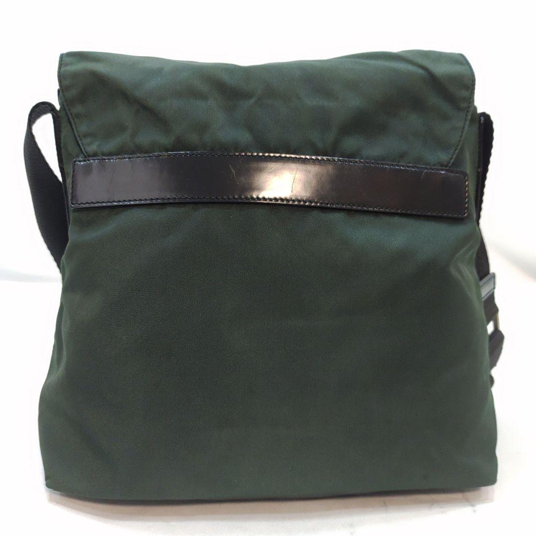 【美品】プラダ ショルダーバッグ レザー×ナイロン 三角ロゴ 緑 ギャラ付