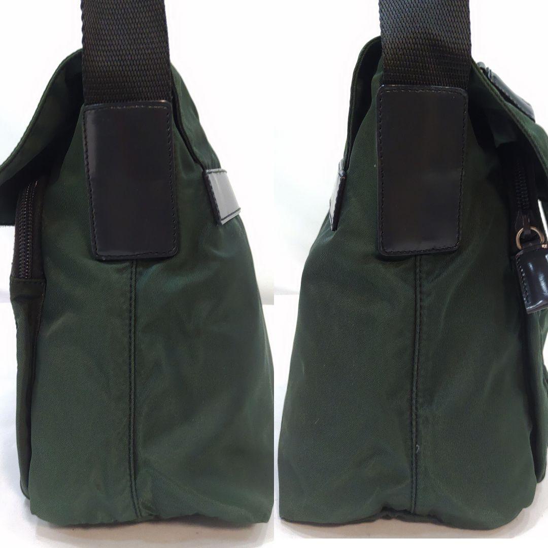 【美品】プラダ ショルダーバッグ レザー×ナイロン 三角ロゴ 緑 ギャラ付