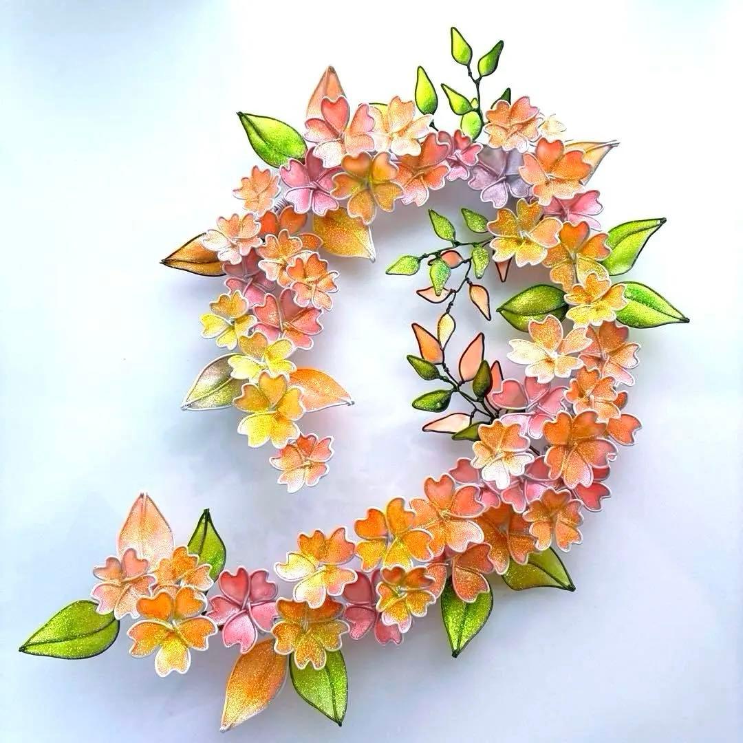 キラキラシュガーパウダー満開桜リース　山桜　ワイヤークラフト　ディップアート