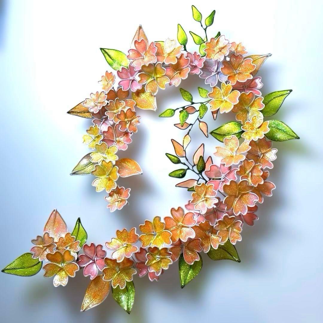 キラキラシュガーパウダー満開桜リース　山桜　ワイヤークラフト　ディップアート