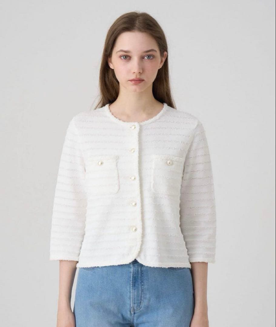 美品ANAYI【2025春夏】ペーパーシャギーカーディガン・白ボーダー38