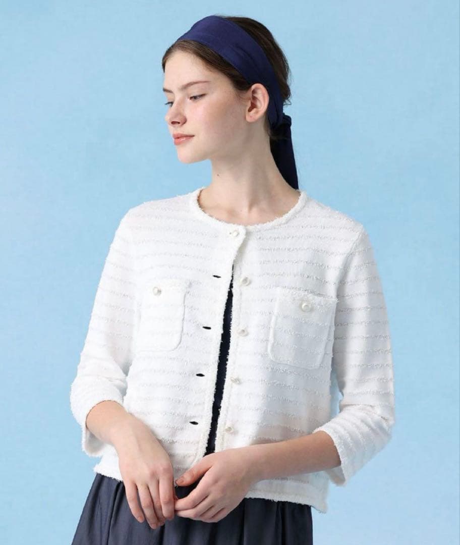 美品ANAYI【2025春夏】ペーパーシャギーカーディガン・白ボーダー38