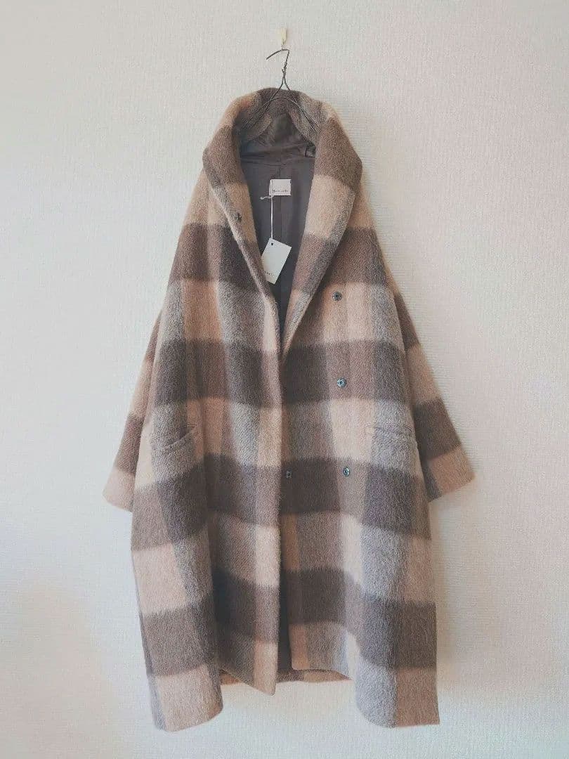 sale*Honneteオネット シャギーウール チェックショールカラーコート