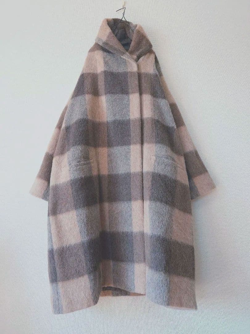 sale*Honneteオネット シャギーウール チェックショールカラーコート