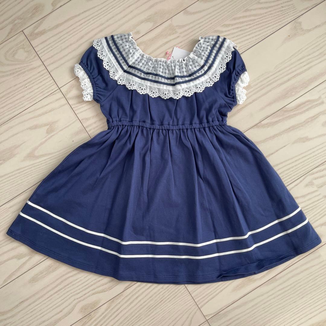 【新品タグ付】シャーリーテンプル 100cm ネイビーカットソーリボンワンピース