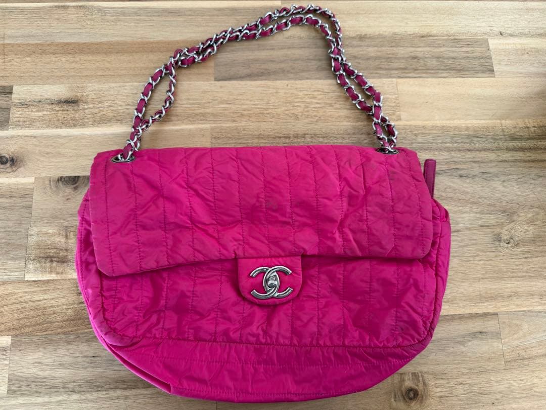 【希少/ピンク】CHANEL ナイロン マトラッセ チェーンショルダー シルバー