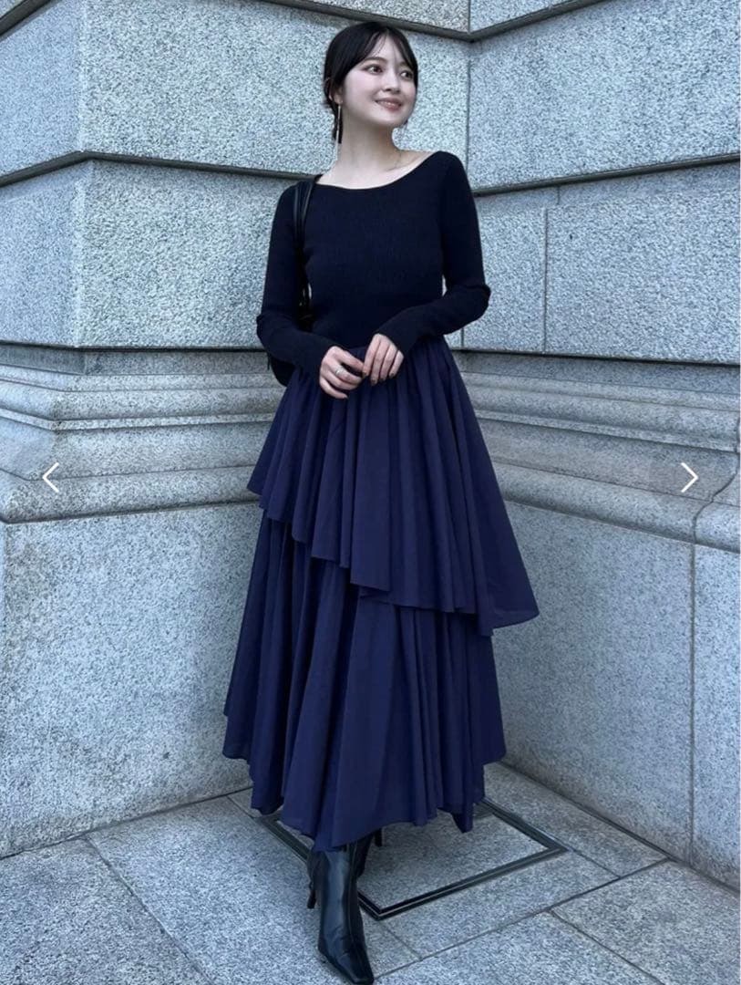 anuans ボートネックイレギュラーヘムドッキングニットワンピース⋈﻿