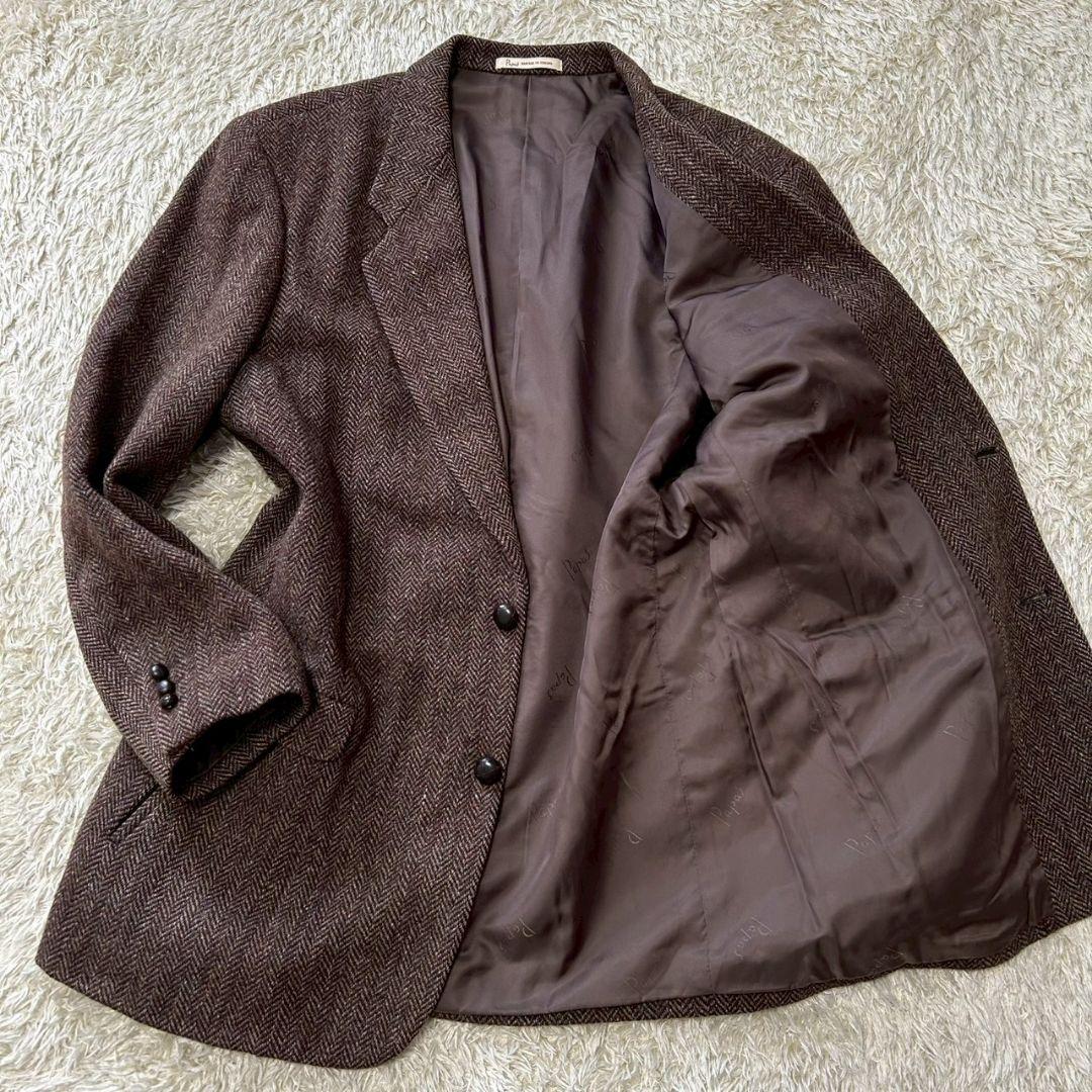 【美品】パパス　ハリスツイード　ヘリンボーン　テーラードジャケット　ブラウン　L
