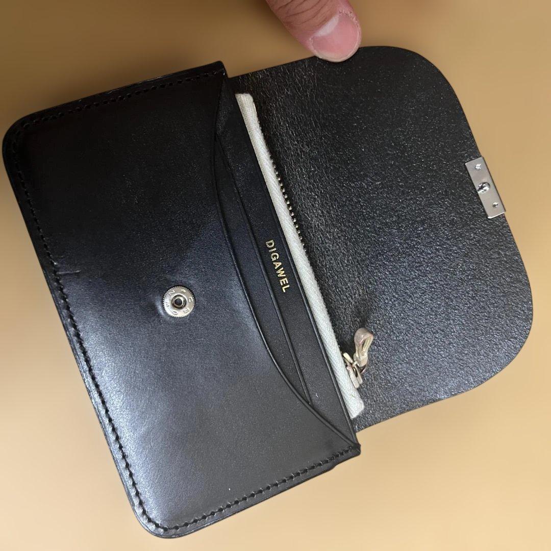 DIGAWEL 黒 レザー 二つ折り財布 ファスナー付き