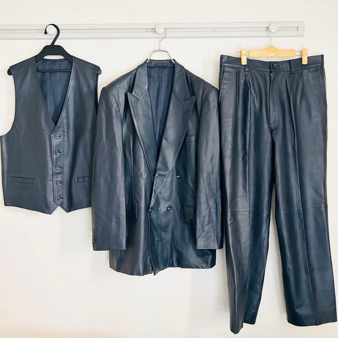 【高級品】ラムスキン レザージャケット 3ピース セットアップ スーツ ダブル