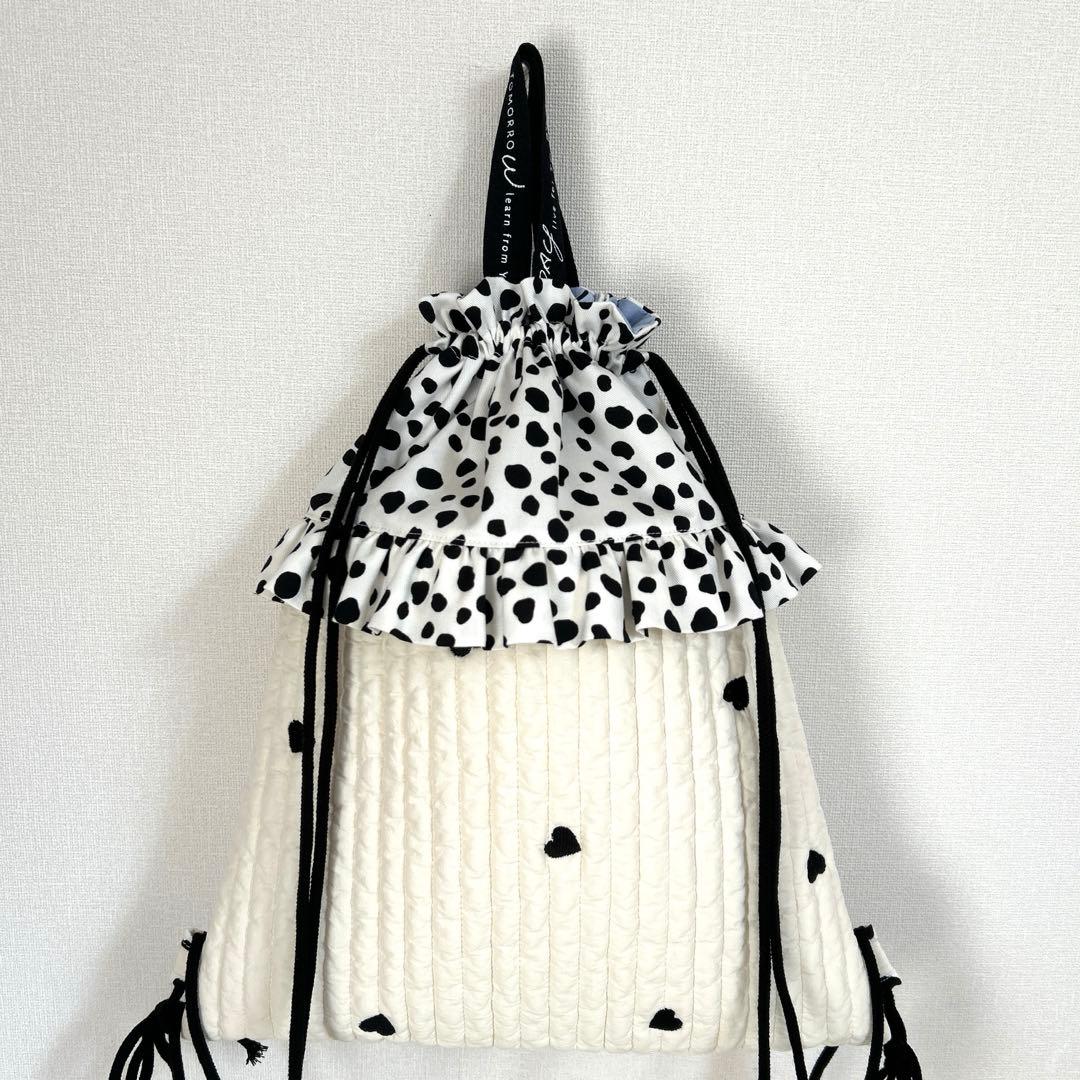 入園入学3点セット　【黒ハートヌビ×ダルメシアン】　女の子　レッスンバッグ