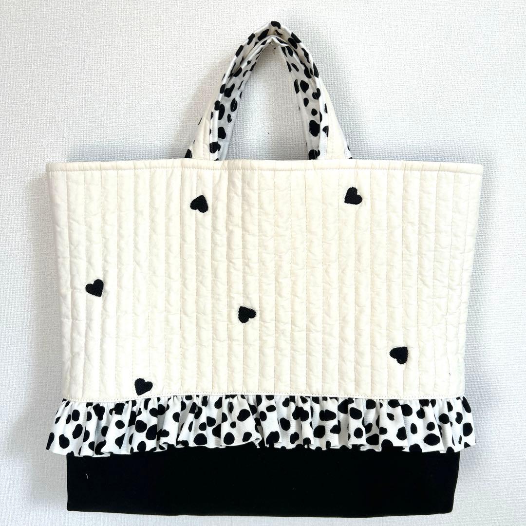 入園入学3点セット　【黒ハートヌビ×ダルメシアン】　女の子　レッスンバッグ