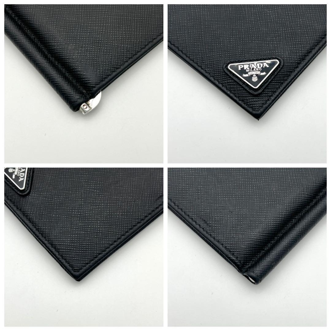 【極美品】PRADA プラダ サフィアーノ 三角プレート マネークリップ 黒