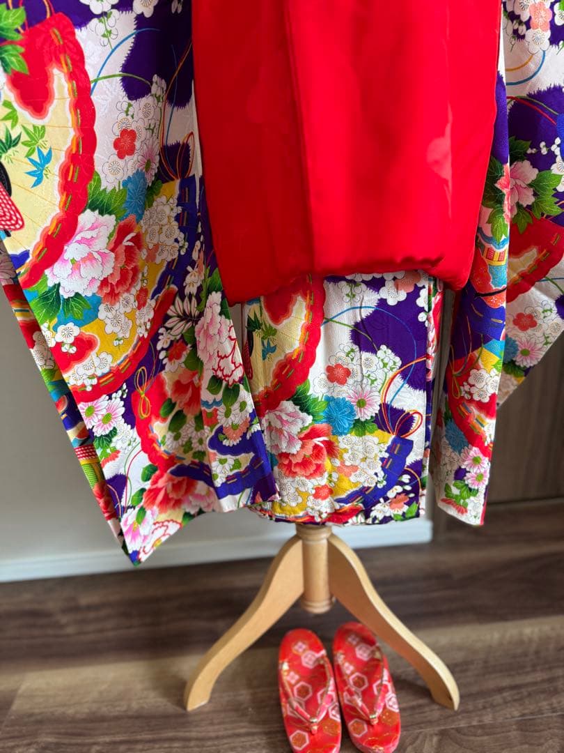 七五三に★正絹アンティーク　青紫色に扇と四季花々　3歳〜5歳　着物と被布