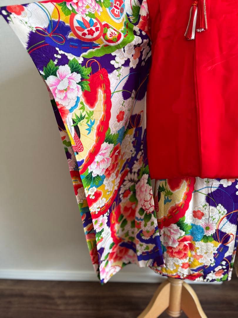 七五三に★正絹アンティーク　青紫色に扇と四季花々　3歳〜5歳　着物と被布