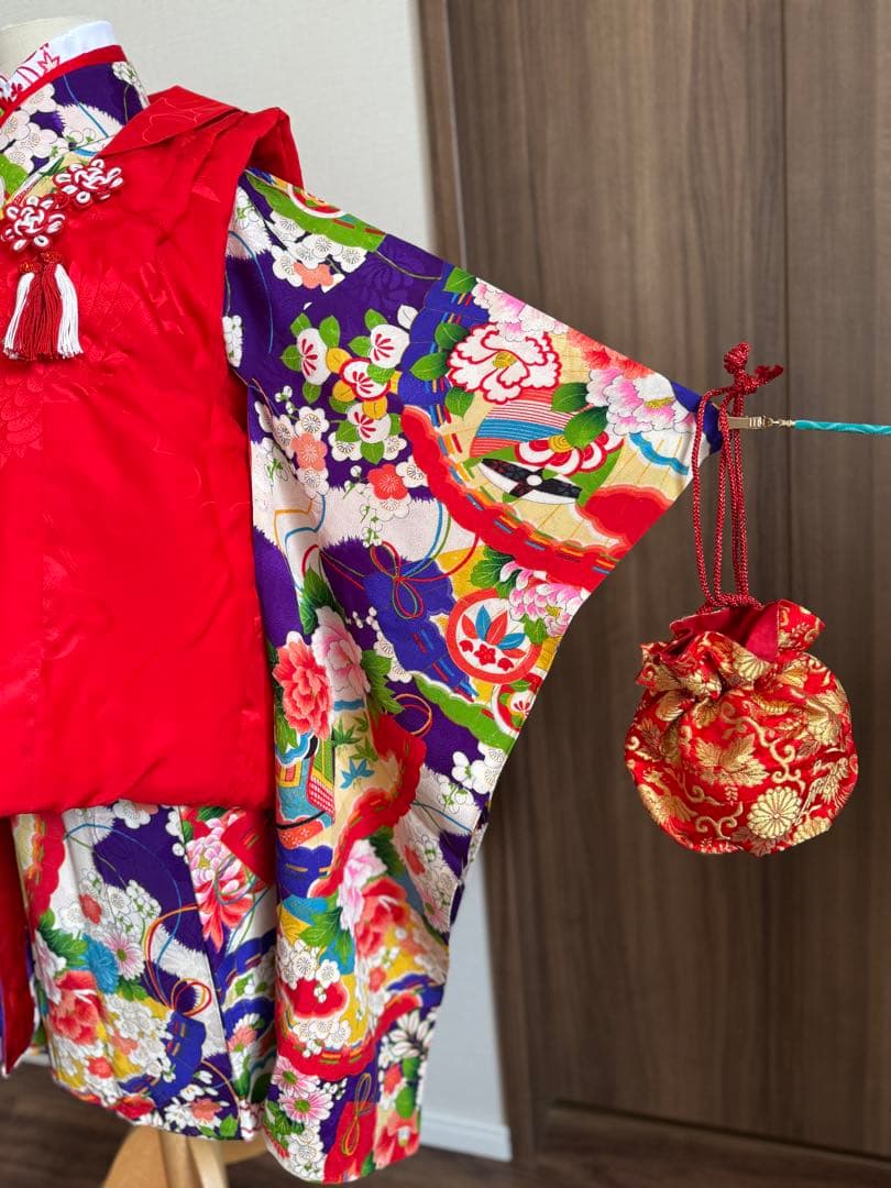 七五三に★正絹アンティーク　青紫色に扇と四季花々　3歳〜5歳　着物と被布