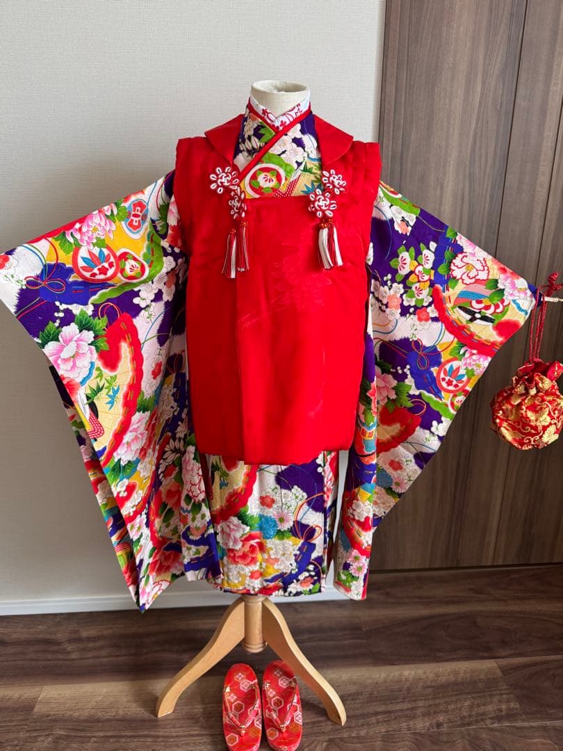 七五三に★正絹アンティーク　青紫色に扇と四季花々　3歳〜5歳　着物と被布