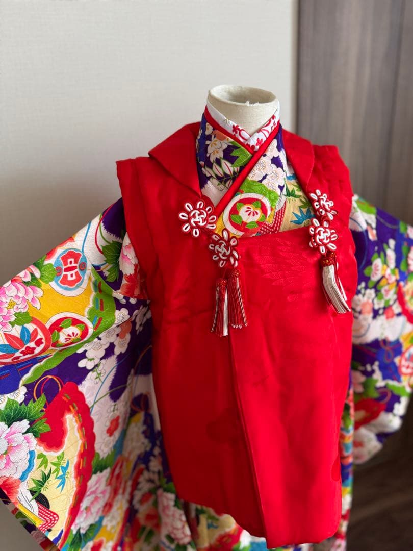 七五三に★正絹アンティーク　青紫色に扇と四季花々　3歳〜5歳　着物と被布