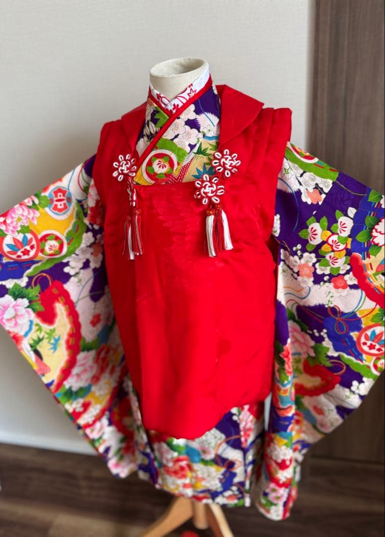 七五三に★正絹アンティーク　青紫色に扇と四季花々　3歳〜5歳　着物と被布