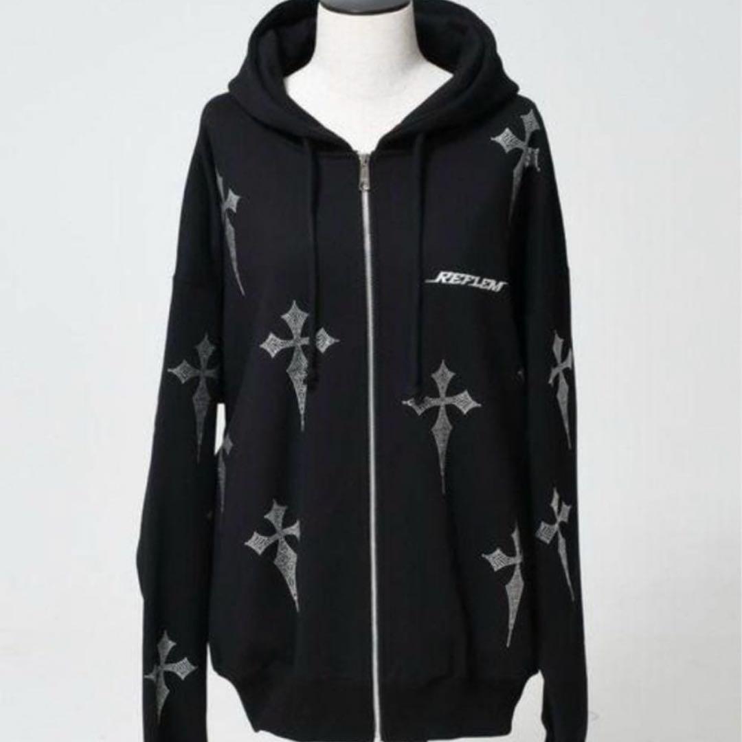 レフレム クロス総柄ラインストーンZIPパーカー ブラック