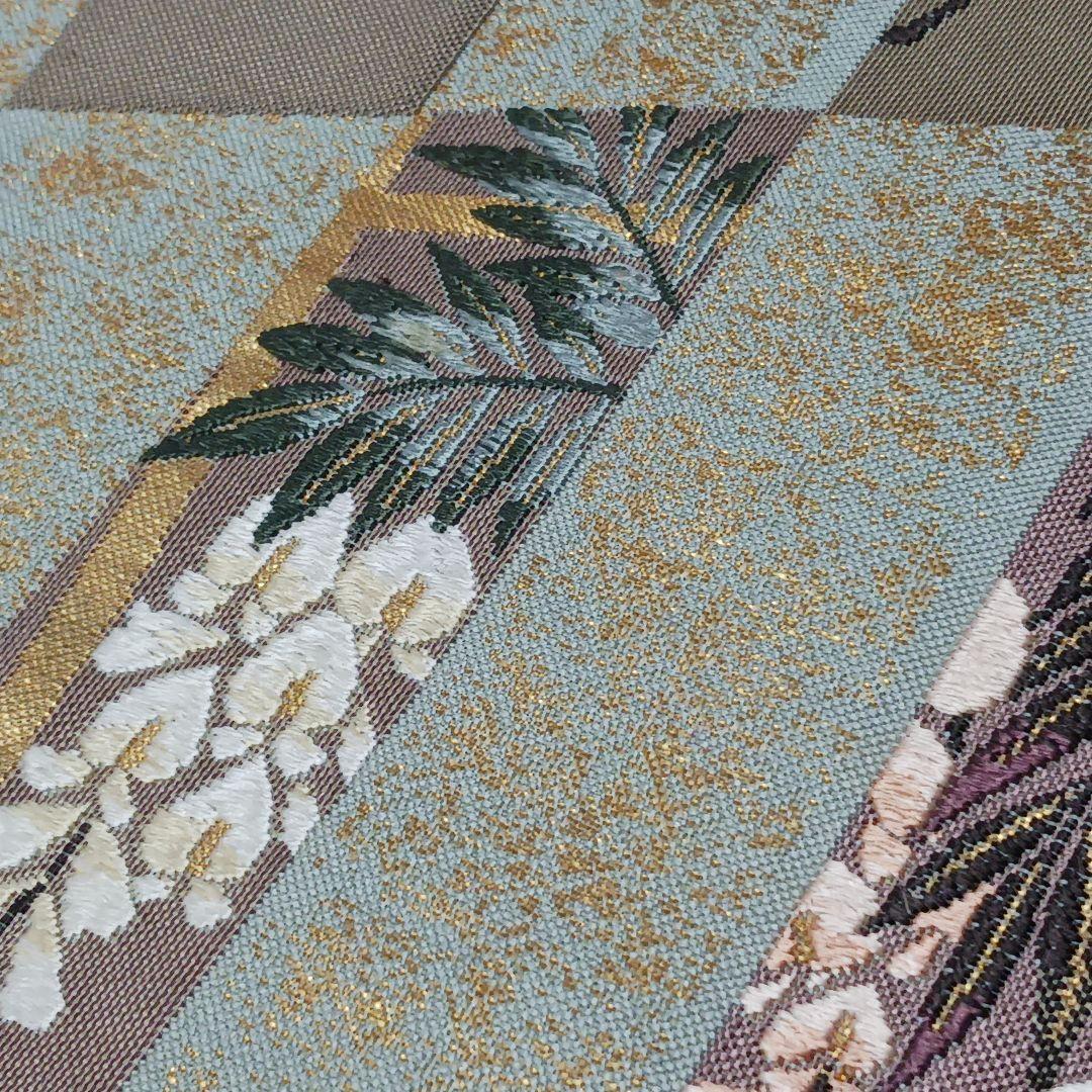 新品　礼装用袋帯　緑に金箔織　不死の“藤の花”　刺繍　金糸輝く優雅で美しい逸品