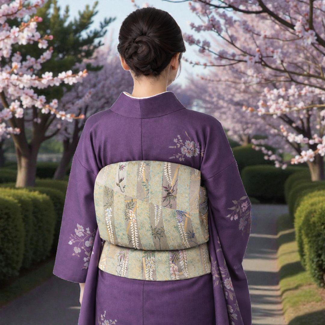 新品　礼装用袋帯　緑に金箔織　不死の“藤の花”　刺繍　金糸輝く優雅で美しい逸品