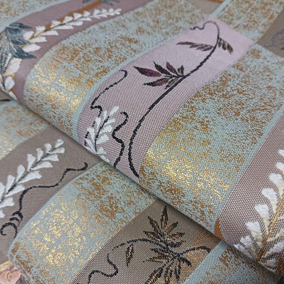 新品　礼装用袋帯　緑に金箔織　不死の“藤の花”　刺繍　金糸輝く優雅で美しい逸品