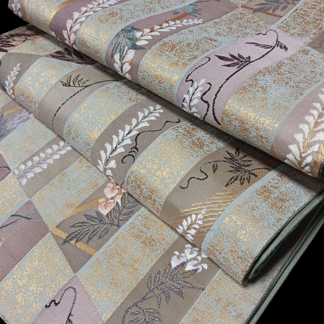 新品　礼装用袋帯　緑に金箔織　不死の“藤の花”　刺繍　金糸輝く優雅で美しい逸品