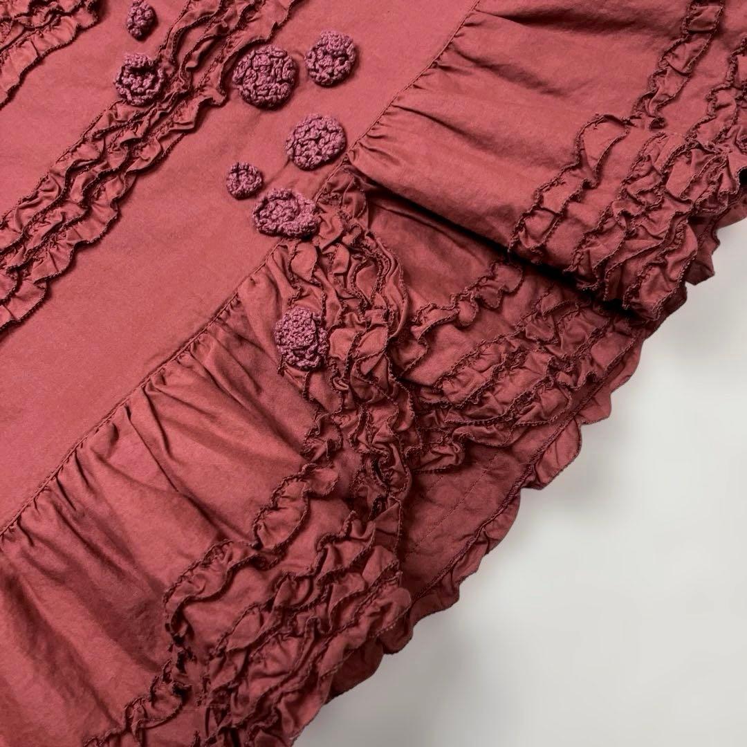 ピンクハウス くすみワインレッド ピコフリル 花モチーフ チュニック