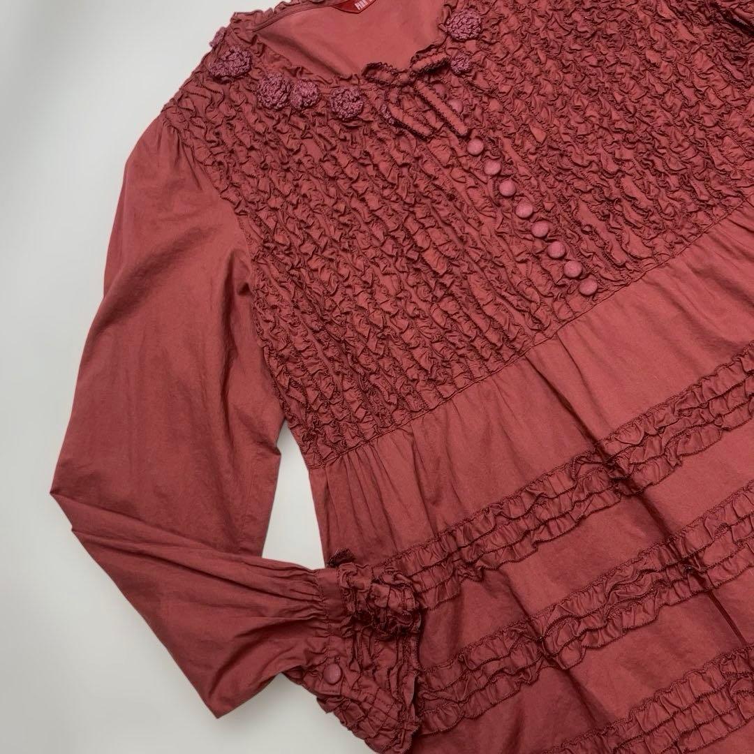 ピンクハウス くすみワインレッド ピコフリル 花モチーフ チュニック