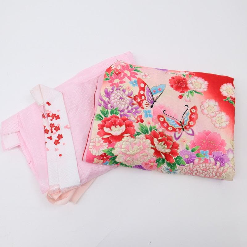 beauty　七五三＊女の子着物長襦袢2点 菊牡丹に蝶 赤 正絹 9RM1