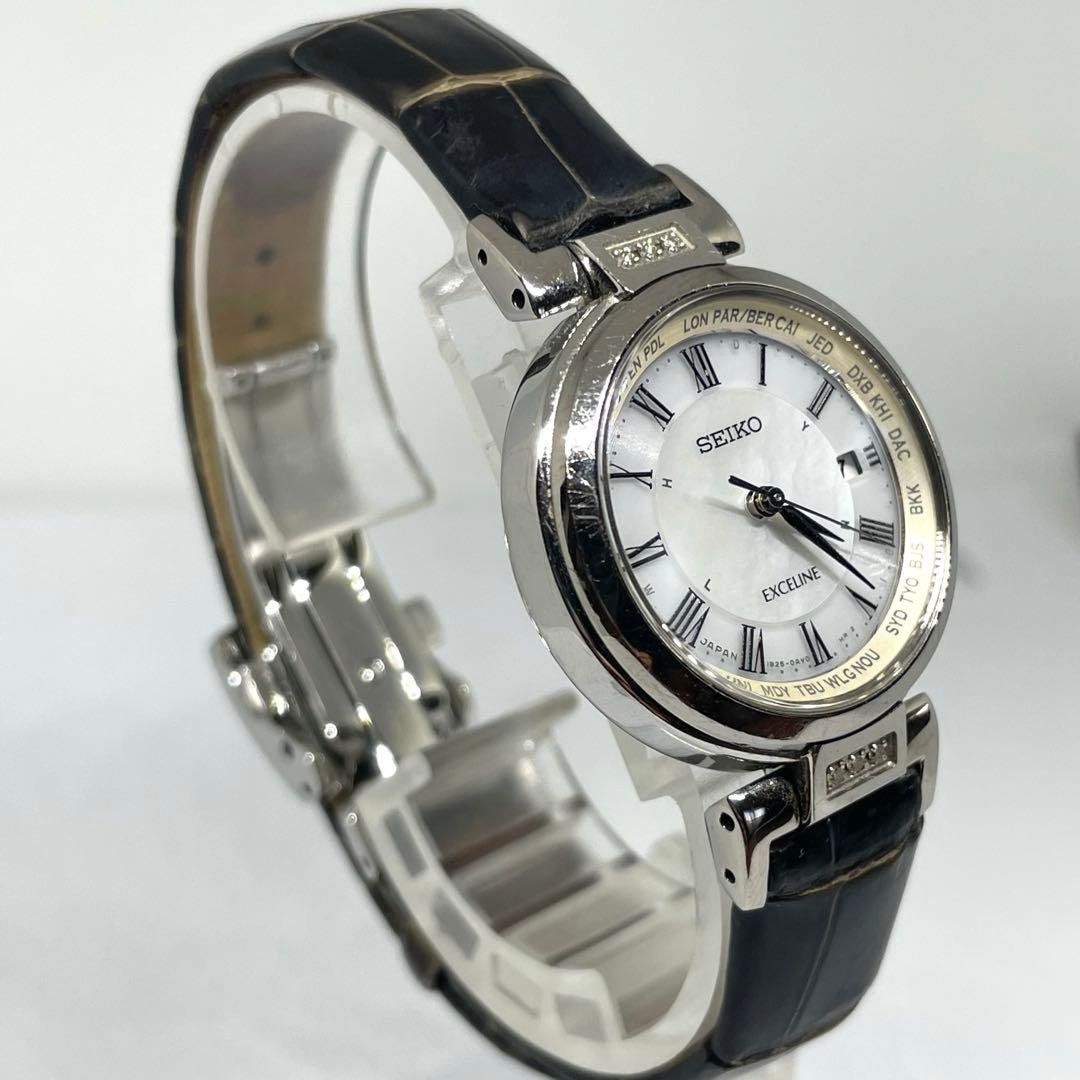 SEIKO エクセリーヌ シェル文字盤　ソーラー電波 ワールドタイム 替ベルト