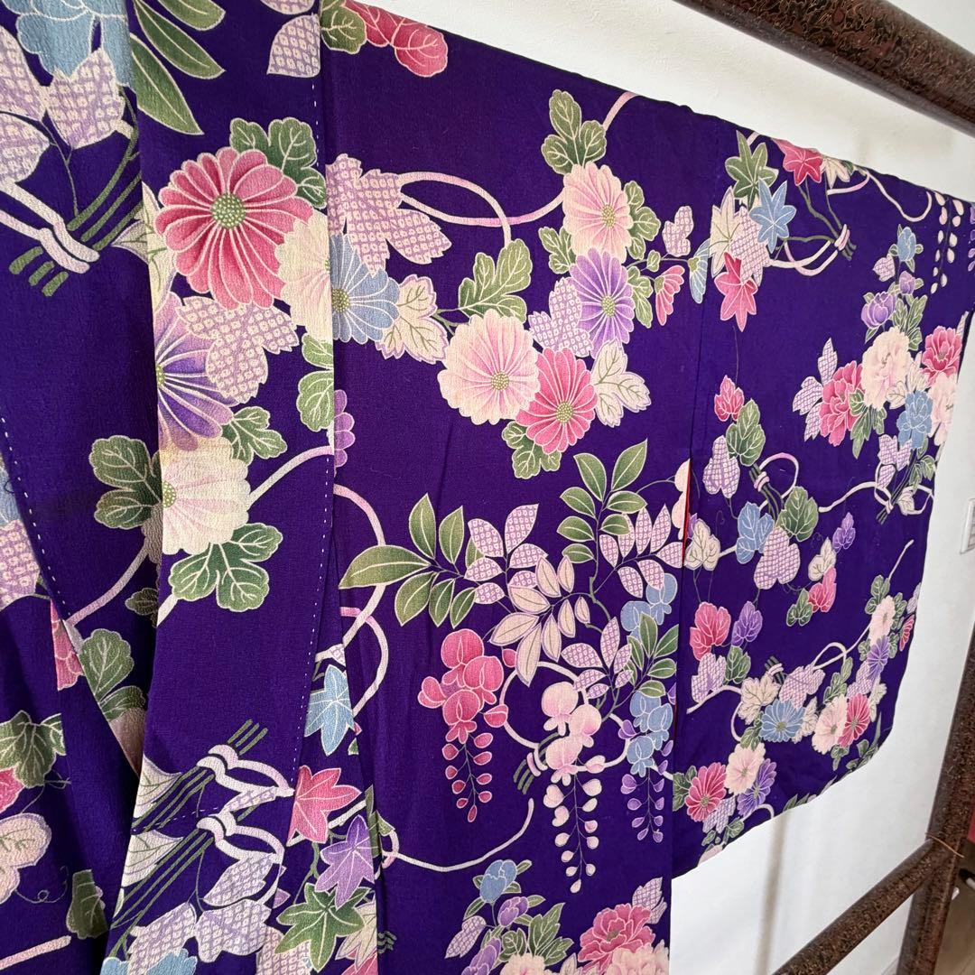 超美品　正絹　袷　着物　小紋　和装 140 綿紗　縮緬　アンティーク　紫　ピンク