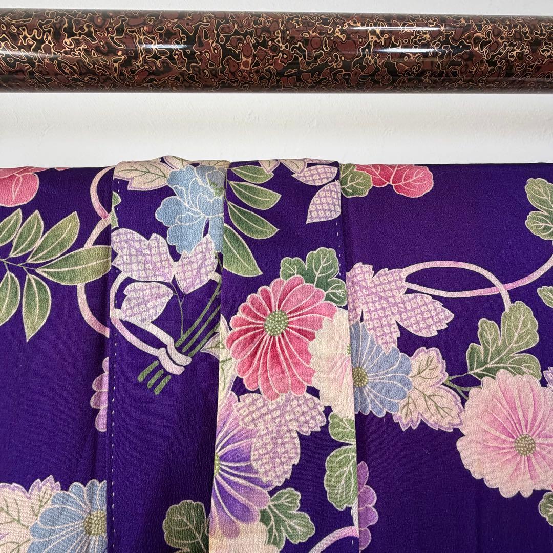 超美品　正絹　袷　着物　小紋　和装 140 綿紗　縮緬　アンティーク　紫　ピンク