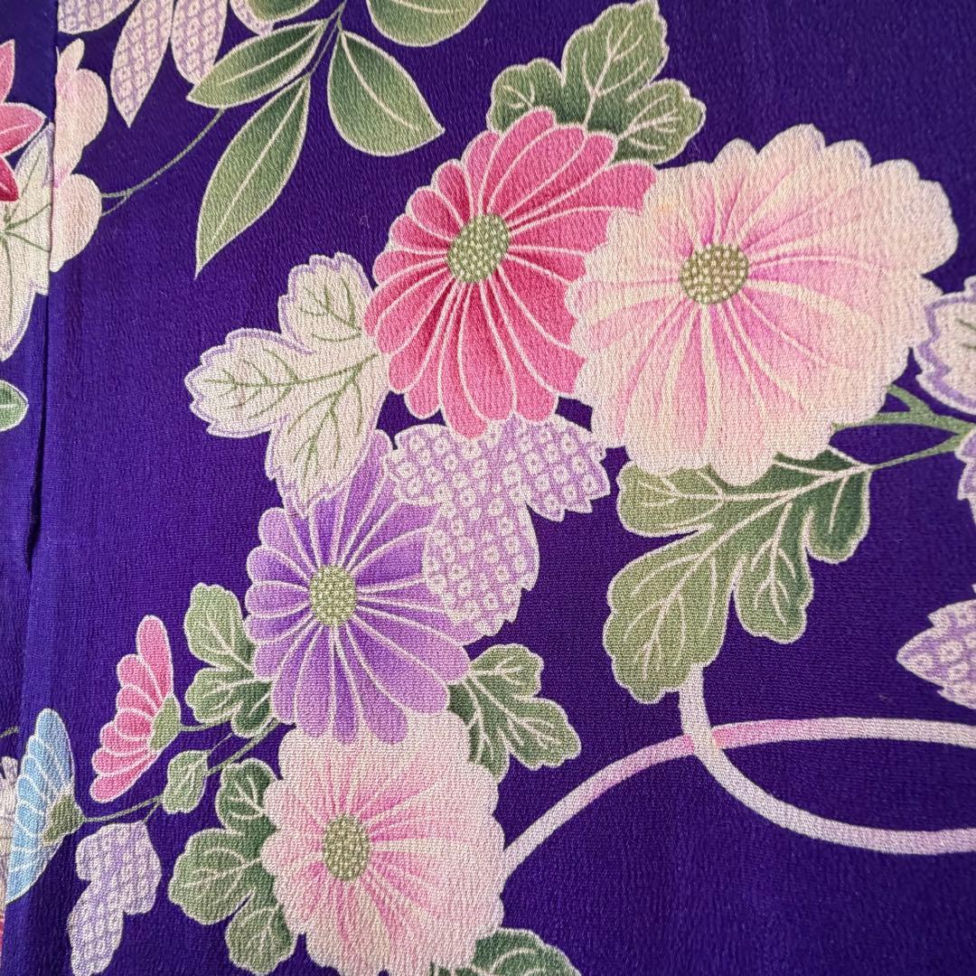 超美品　正絹　袷　着物　小紋　和装 140 綿紗　縮緬　アンティーク　紫　ピンク