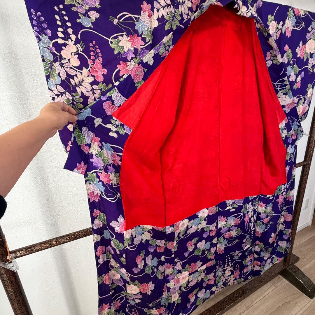 超美品　正絹　袷　着物　小紋　和装 140 綿紗　縮緬　アンティーク　紫　ピンク