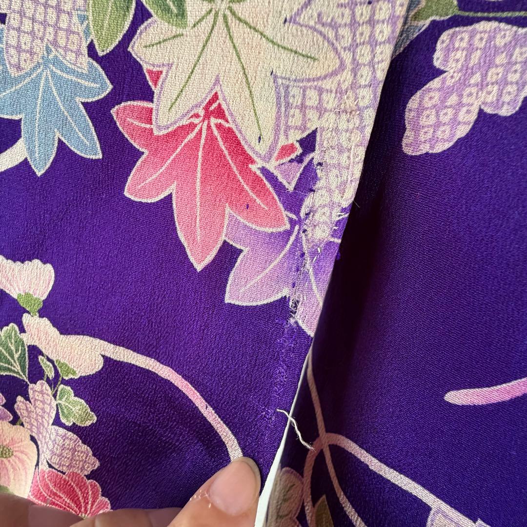 超美品　正絹　袷　着物　小紋　和装 140 綿紗　縮緬　アンティーク　紫　ピンク