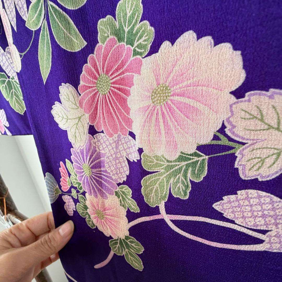 超美品　正絹　袷　着物　小紋　和装 140 綿紗　縮緬　アンティーク　紫　ピンク