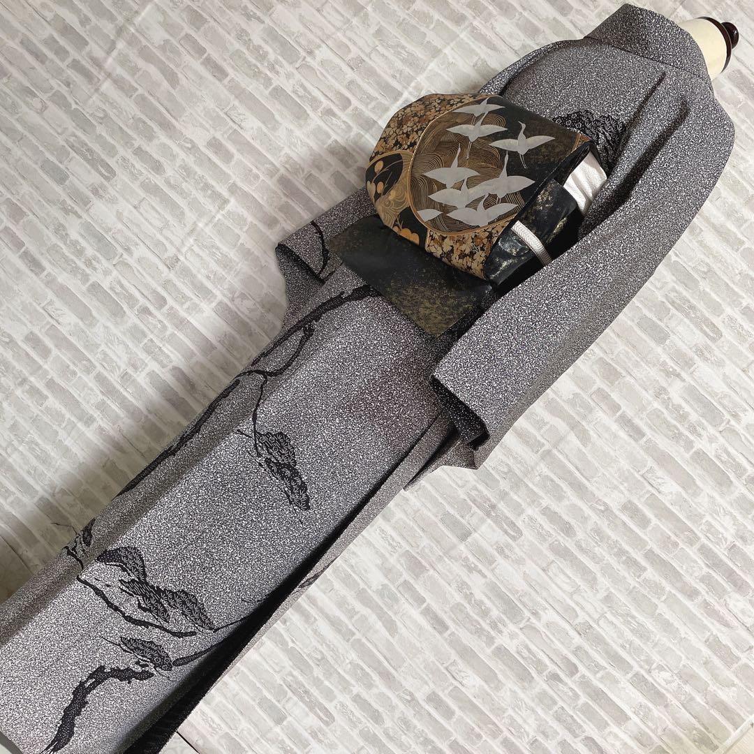 訪問着　フルセット　松と鶴　叩き染　バチ衿　落款　黒地　入学式　卒業式　P5