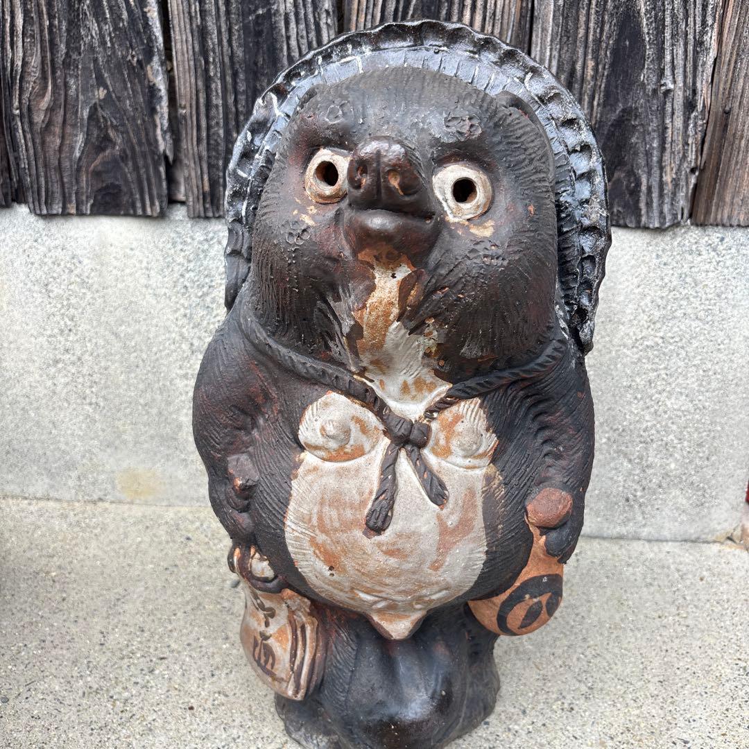 信楽焼 たぬき 2体セット 傘立て＆置物 商売繁盛 縁起物 陶器製 昭和レトロ