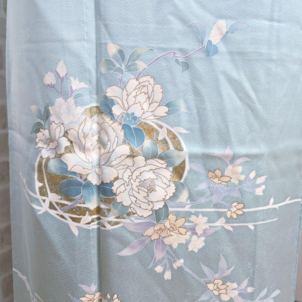 水色花の丸訪問着と袋帯・帯揚げ帯締めの4点フルセット