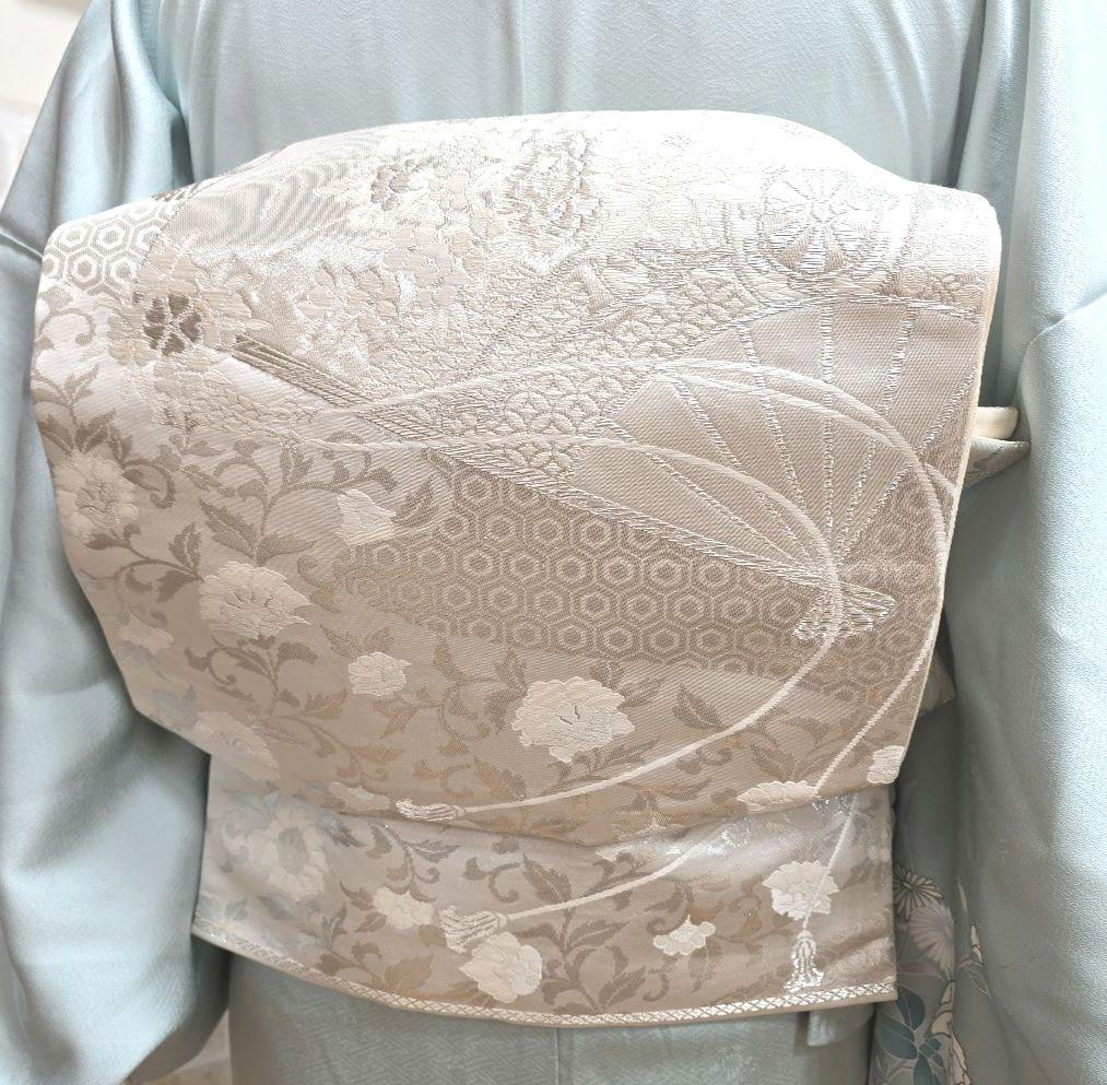 水色花の丸訪問着と袋帯・帯揚げ帯締めの4点フルセット